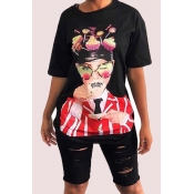 Lovely Casual O Neck Cartoon Figure Printed Black 