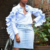 Lovely Chic Flounce Patchwork Baby Blue Blouse