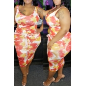 Lovely Trendy Tie-dye Red Plus Size Two-piece Skir