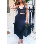 Lovely Chic Spaghetti Straps Black Two-piece Skirt