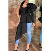 Lovely Trendy One Shoulder Flounce Design Black Bl