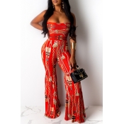 Lovely Trendy Dew Shoulder Printed Red One-piece J