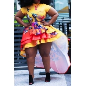 Lovely Trendy Asymmetrical Yellow Mini Plus Size D