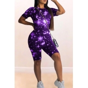 Lovely Trendy Printed Purple Two-piece Shorts Set