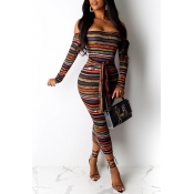 Lovely Trendy Off The Shoulder Striped Brown Mid C