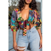 Lovely Casual V Neck Printed Multicolor Blouse