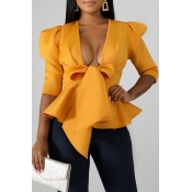 Lovely Trendy Flounce Design Bow-Tie Yellow Blouse