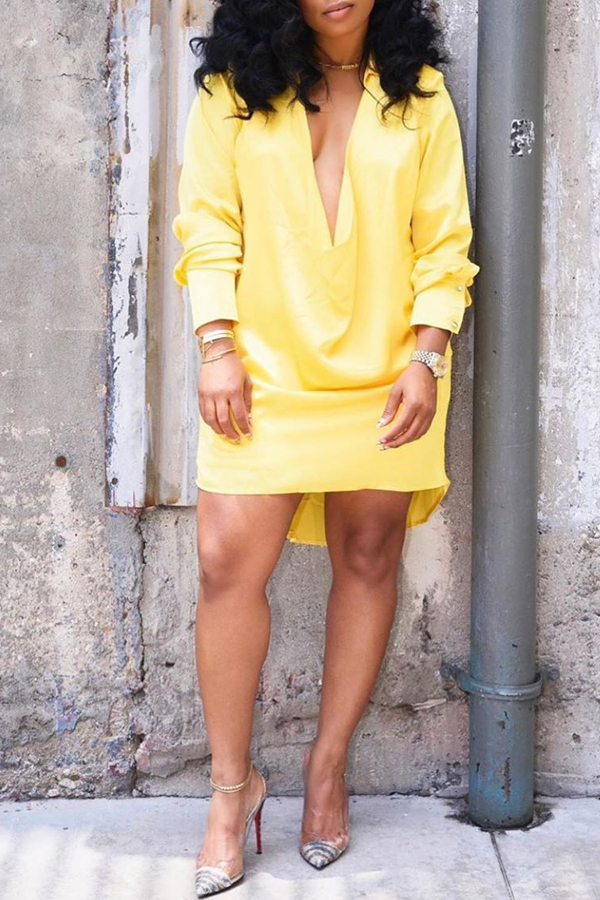 

Lovely Trendy Deep V Neck Yellow Mini Dress