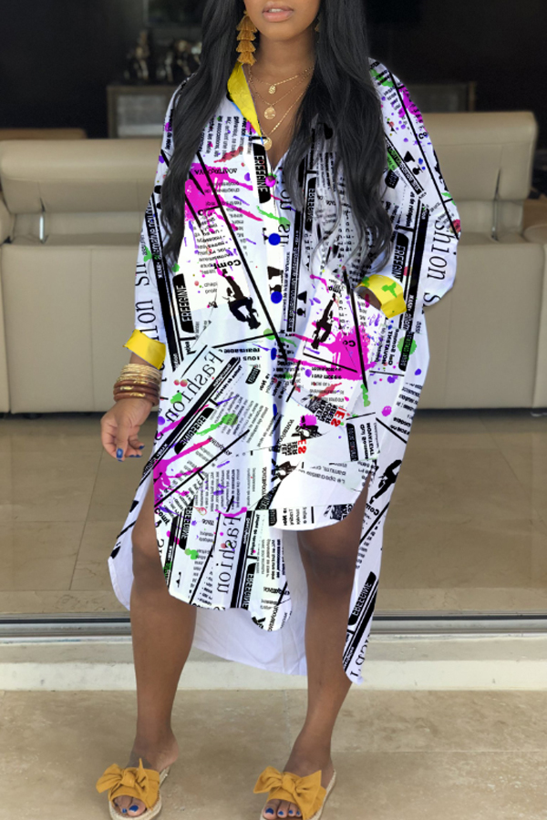 Lovely Casual Letter Printed White Mid Calf Shirt Dress