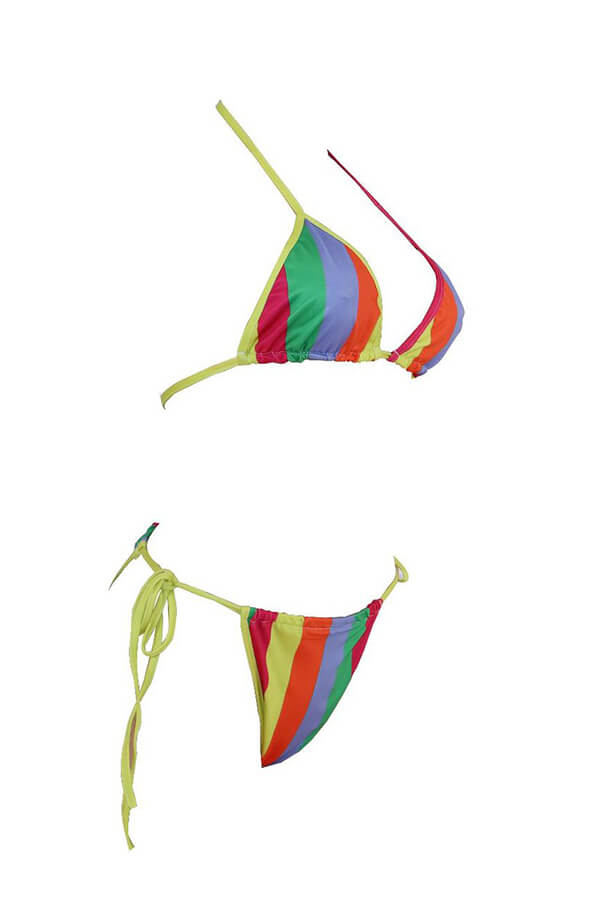 Lovely Halter Neck Striped Multicolor Twopiece Swimwear_Bikinis