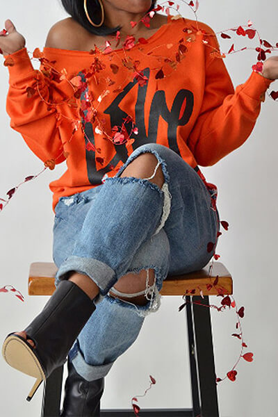 Lovely Leisure Round Neck Long Sleeves Letters Printing Orange Sweatshirt Hoodie