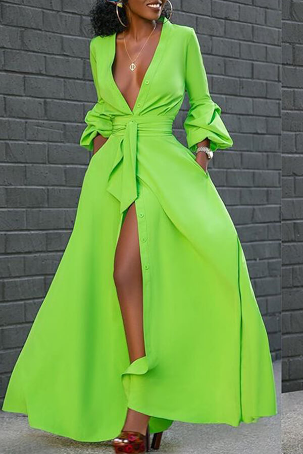 

LW Casual V Neck Buttons Design Green Floor Length Dress