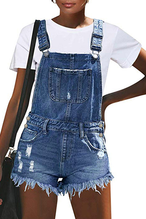 

Lovely Casual Broken Holes Deep Blue One-Piece Romper