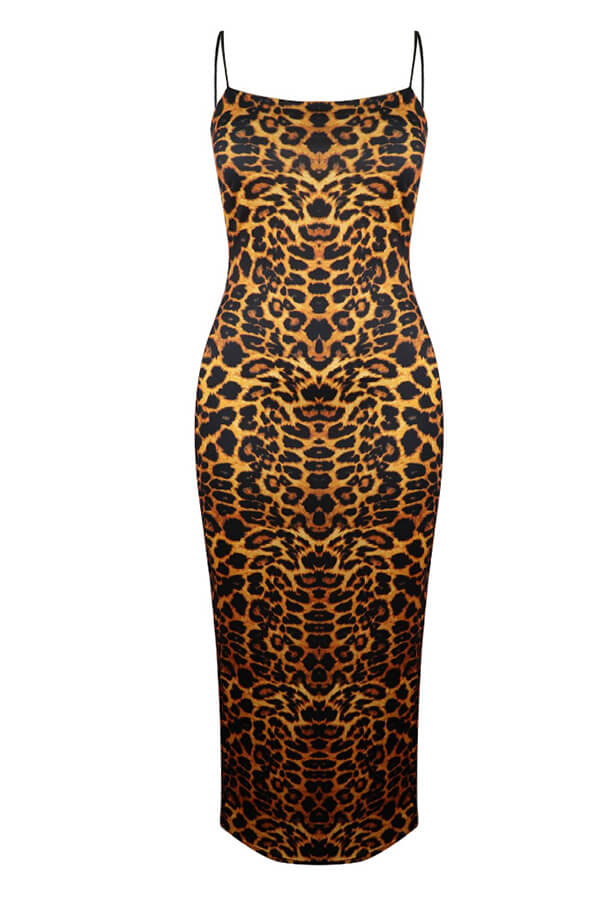 LW Sexy Spaghetti Straps Leopard Printed Multicolor Ankle Length Dress(Without Accessories)
