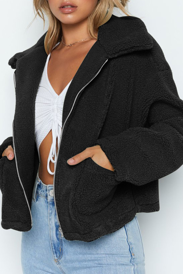 

Lovely Casual Turndown Collar Zipper Design Black Coat