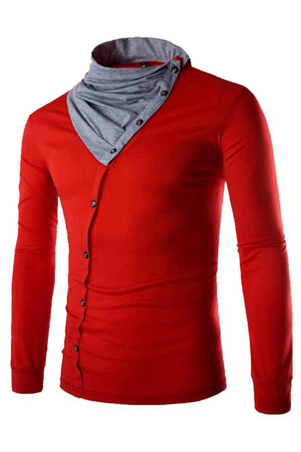 

Lovely Casual Turtleneck Patchwork Red T-shirt