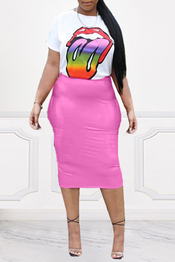 Lovely Casual Lip Printed Pink Two-piece Skirt Set