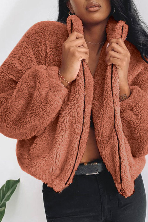 

Lovely Trendy Zipper Design Deep Camel Coat