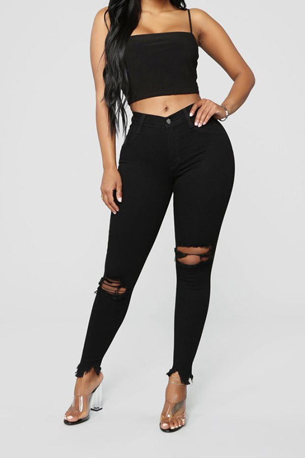 

Lovely Casual Broken Holes Black Pants