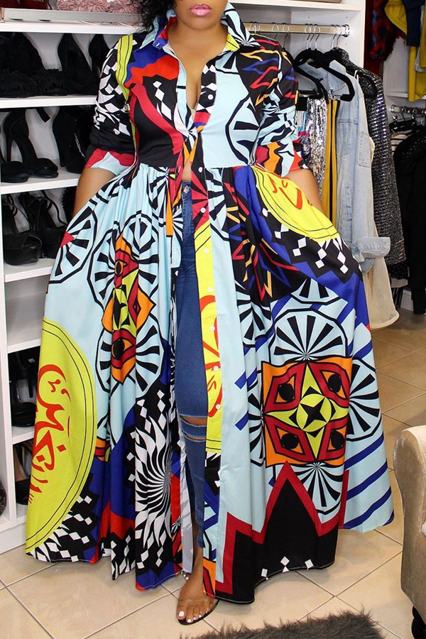 

Lovely Casual Turndown Collar Printed Multicolor Floor Length Dress, Multi