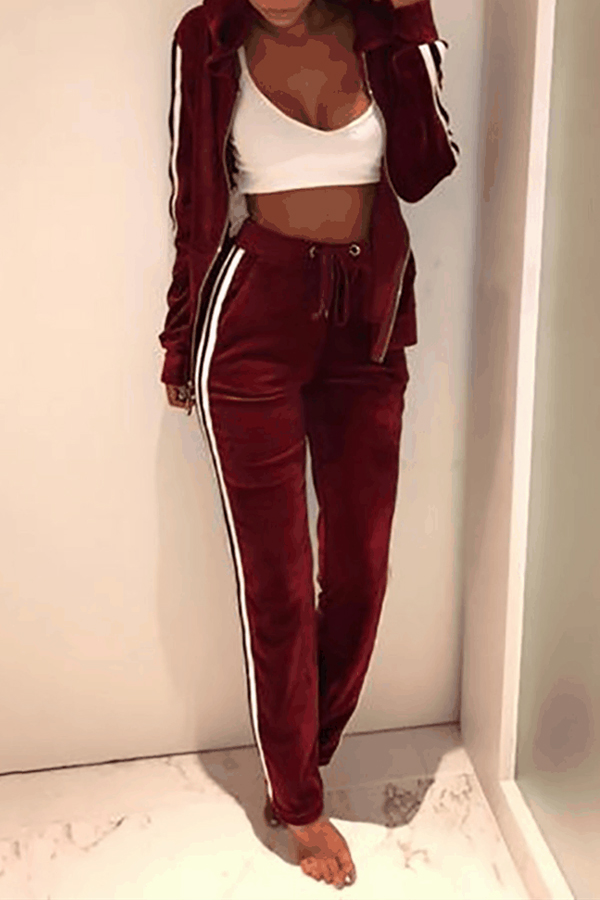 

Lovely Casual Hooded Collar Patchwork Wine Red Two-piece Pants Set