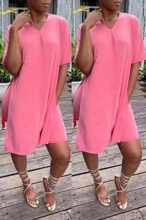 

Lovely Casual V Neck Pink Two-piece Shorts Set