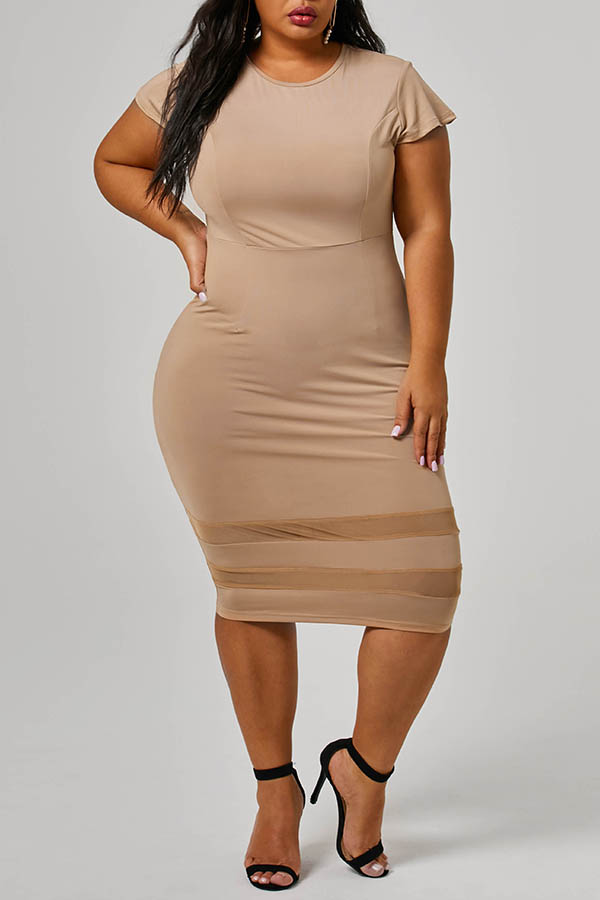 

Lovely Casual Patchwork Khaki Knee Length Plus Size Dress