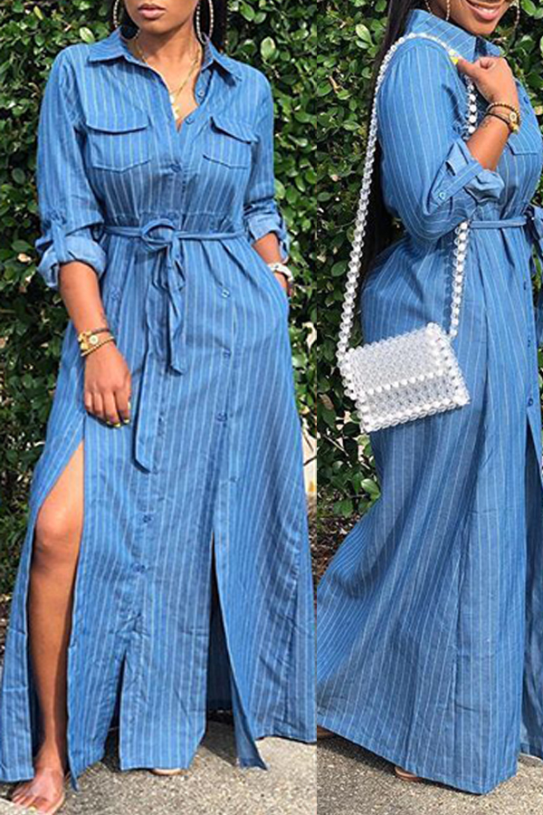 

Lovely Chic Striped Blue Denim Maxi Dress, Blue stripe