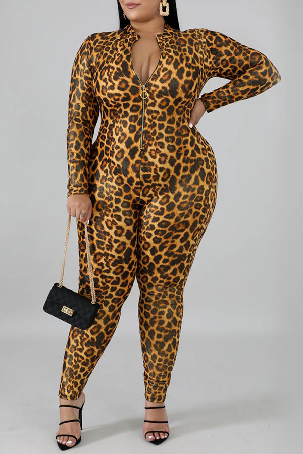 

Lovely Trendy Mandarin Collar Leopard Printed Yellow Plus Size One-piece Jumpsuit