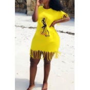 Lovely Casual Tassel Design Yellow Mini Dress