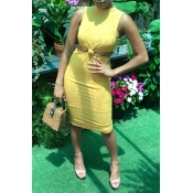 Lovely Sweet Hollow-out Yellow Mid Calf Dress