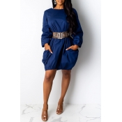 Lovely Casual Pockets Design Dark Blue Mini Dress(