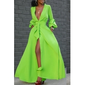 LW Casual V Neck Buttons Design Green Floor Length