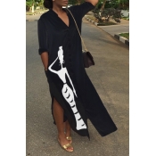 Lovely Casual Printed Slit Black Ankle Length Dres