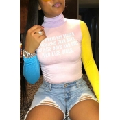LW Casual Turtleneck Patchwork Pink T-shirt