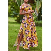 Lovely Casual Slit Printed Yellow Ankle Length Dre
