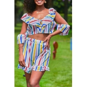 Lovely Casual Hollow-out Striped Multicolor Two-pi