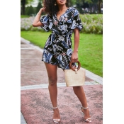 Lovely Casual Plants Printed Black Romper