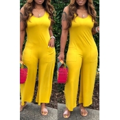 Lovely Casual Pocket Patched Yellow One-piece Jump