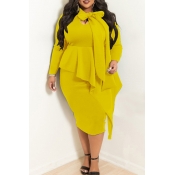 Lovely Casual Flounce Design Yellow Knee Length Pl