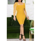 Lovely Trendy Hollow-out Yellow Knee Length Dress