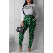 Lovely Casual Leopard Printed Green Two-piece Pant