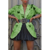 Lovely Casual Printed Green Coat(Without Belt)