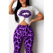 Lovely Casual Lip Printed Purple T-shirt