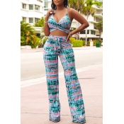 Lovely Casual Sleeveless Printed Green Two-piece P