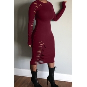 Lovely Casual Hollow-out Wine Red Mid Calf Dress