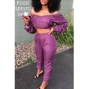 Lovely Casual Dew Shoulder Purple Two-piece Pants 