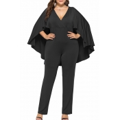 Lovely Casual Cloak Design Black Plus Size One-pie