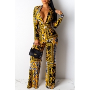 Lovely Casual Deep V Neck Printed Yellow One-piece