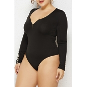 Lovely Casual Zipper Design Black Plus Size Bodysu